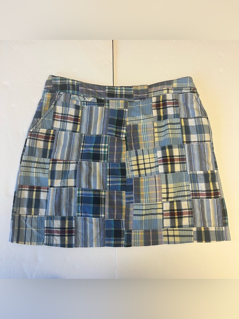 Vintage Y2K Larry Levine Preppy Mini Skirt Madras Blue Plaid Patchwork Cotton 10 - Picture 2 of 13